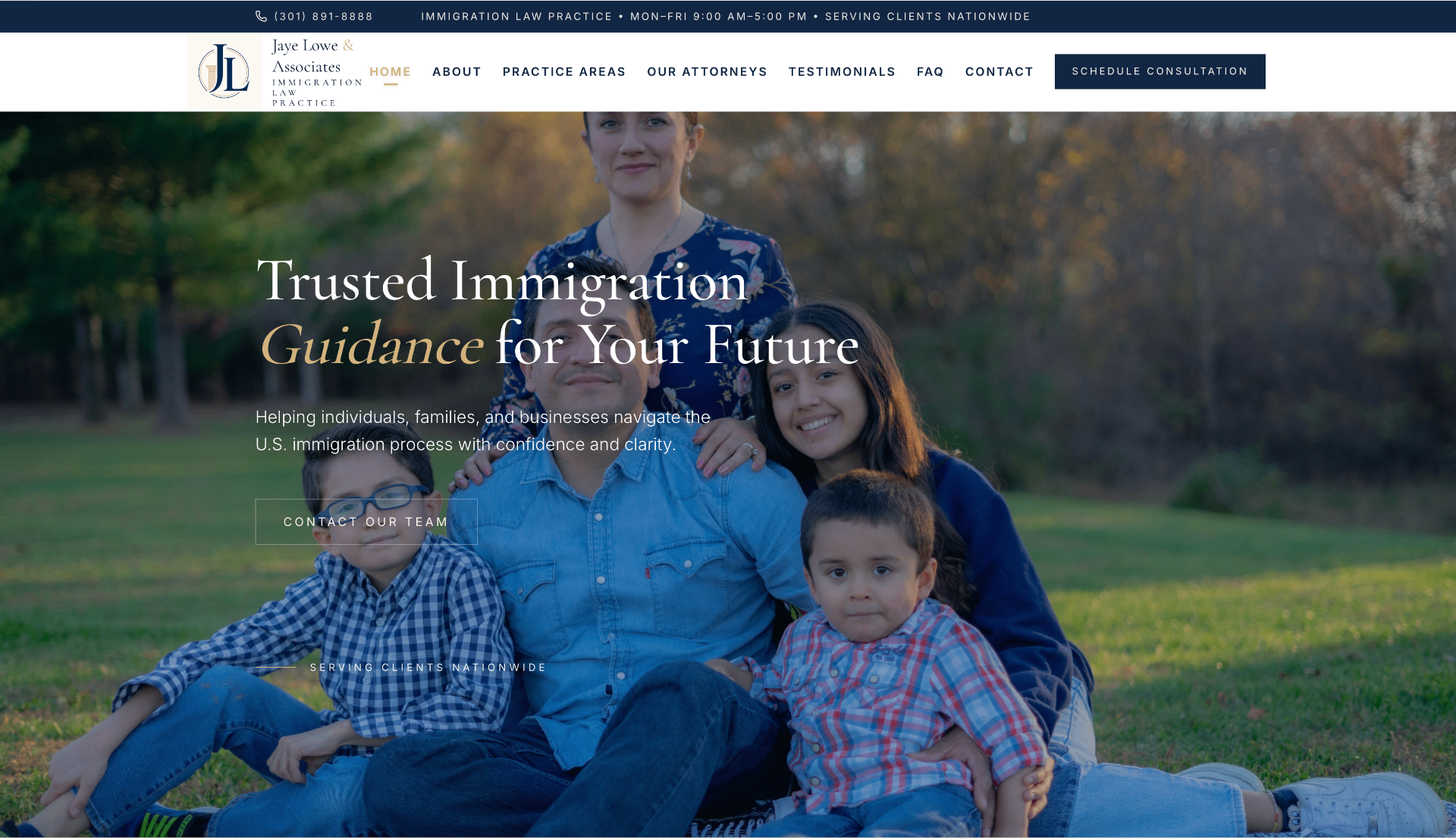 Jaye Lowe & Associates immigration law website displayed on a desktop browser