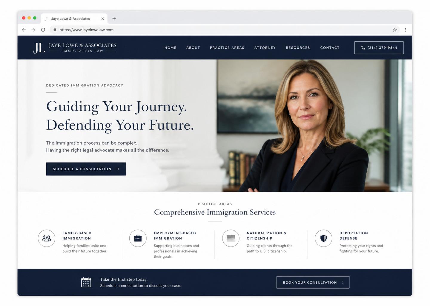 Jaye Lowe & Associates immigration law website displayed on a desktop browser