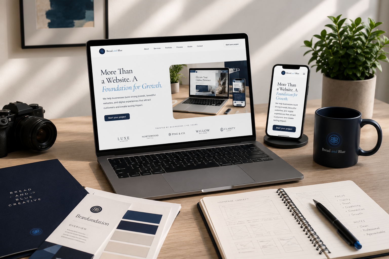 A premium design studio workspace with sketches, color swatches, and a laptop