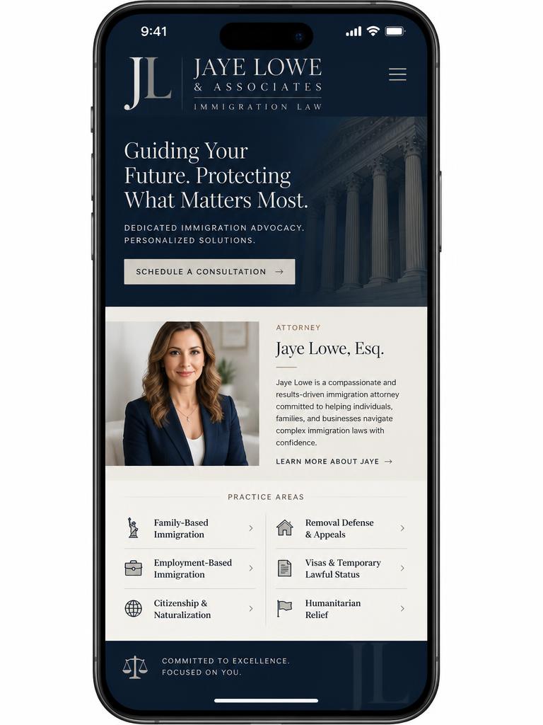 Jaye Lowe & Associates website displayed on a mobile phone