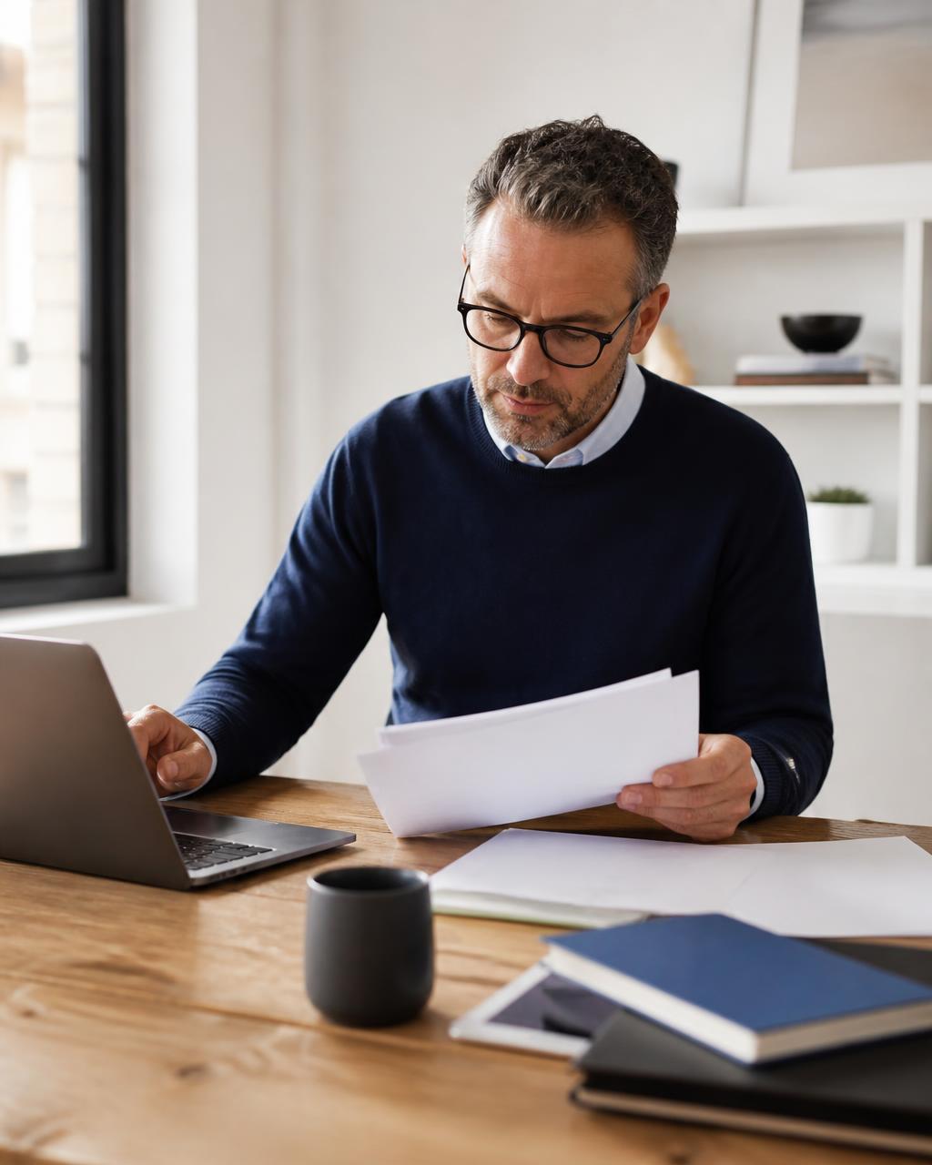 Business owner reviewing paperwork at a desk in a bright office